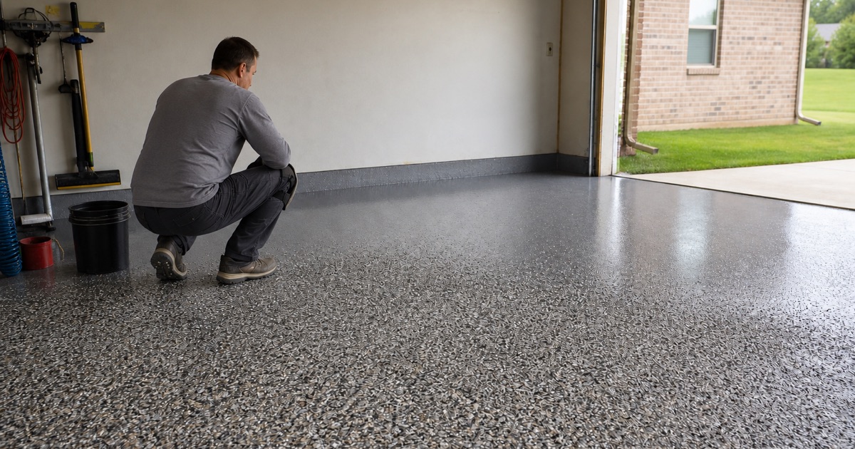 A failed epoxy garage floor in Killeen lifting in sheets, a worker turning back one piece to read its underside.