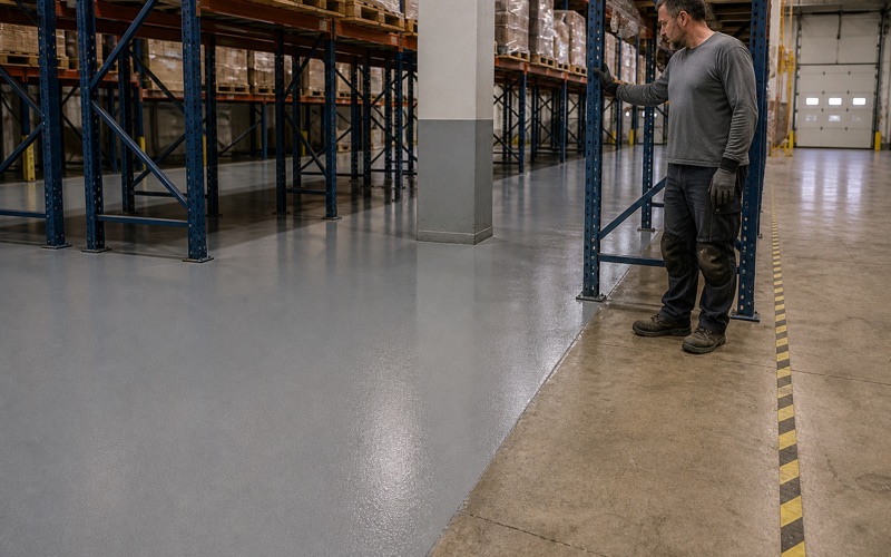 A clear polyaspartic wear coat being applied in a narrow working section over a flake floor in a Killeen garage.