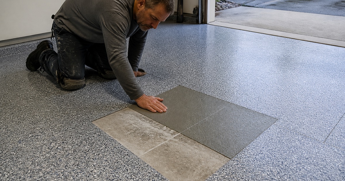 Surplus flake being scraped back on a Killeen garage floor, the chip pattern reading flat and even behind the blade.