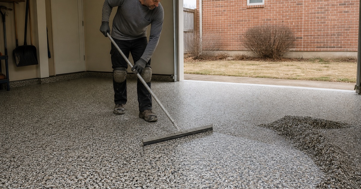 A pewter and bronze metallic epoxy floor in Killeen being worked wet, the marbling visibly still moving under the squeegee.