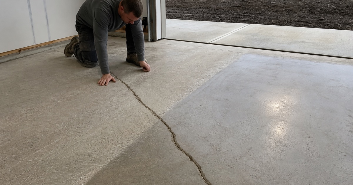 A finished tan and gray flake epoxy garage floor in Killeen with the roll-up door open, a worker crouched at the threshold.