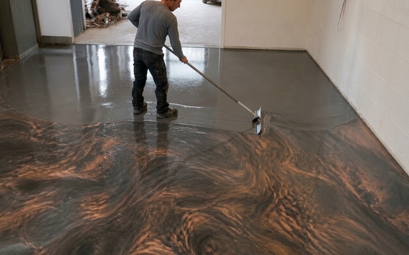 A garage slab in Killeen being diamond ground with a shrouded machine, the opened profile pale against sealed concrete.