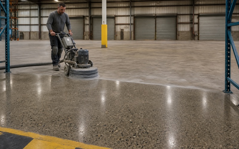 A gray epoxy base coat being squeegeed across a Killeen garage slab, with a clean wet edge across the bay.
