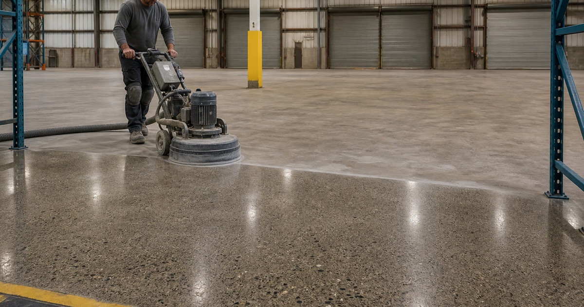 A gray epoxy base coat being squeegeed across a Killeen garage slab, with a clean wet edge across the bay.