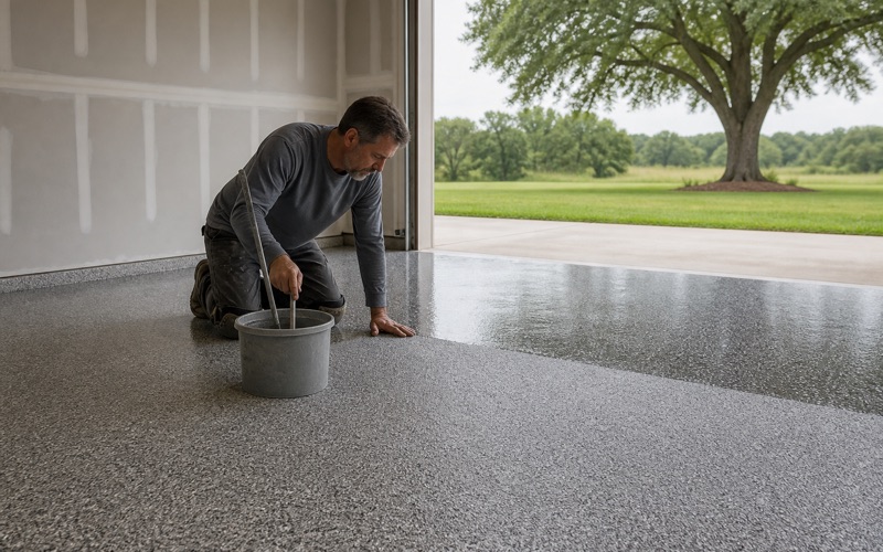 A cement overlay being screeded over a spalled slab in Killeen, with the existing control joint carried through the new surface.