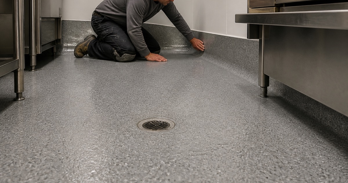Flake broadcast in progress on a Killeen garage floor, an arc of gray and tan chip in the air above the wet base coat.